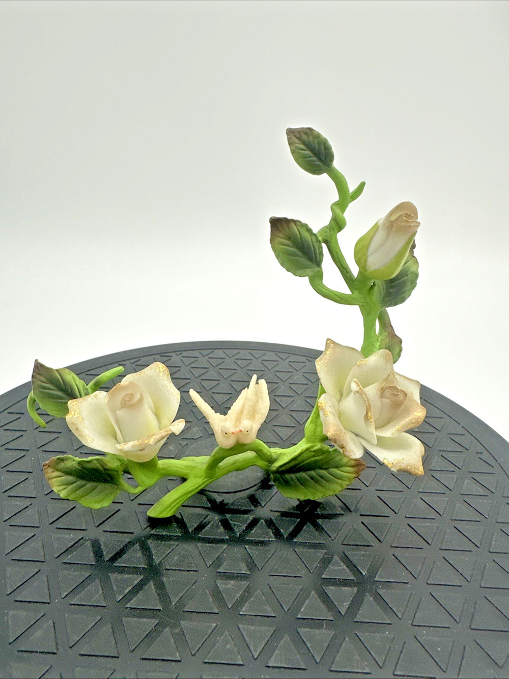 Vintage Roman Capodimonte Porcelain Roses On Stem With Birds